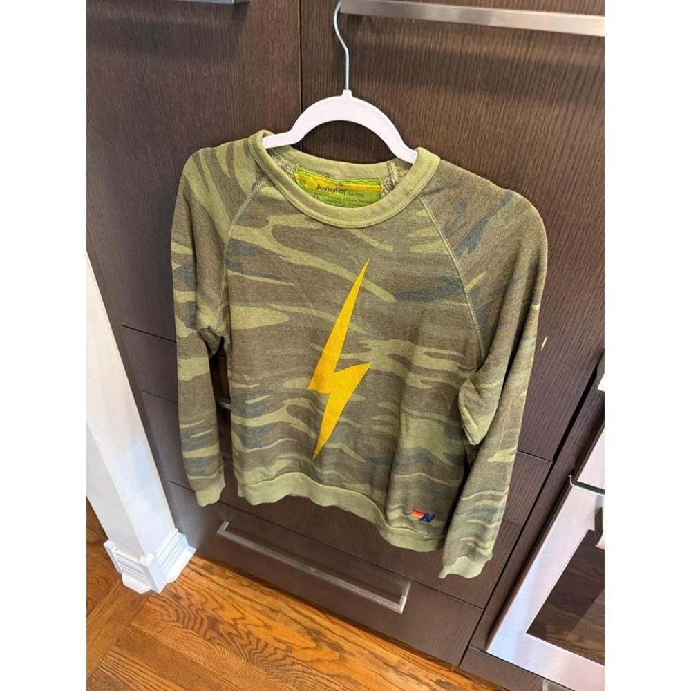 Aviator Nation camo-print sweatshirt yellow bolt graphic women's small